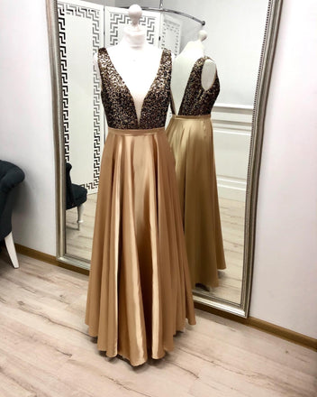 Charming A Line V Neck Gold Prom Dresses, Beaded Long Prom Dress INK21