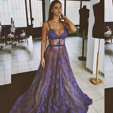 Purple Lace Spaghetti Straps Nude Lining Long Sexy Prom Dress IN867