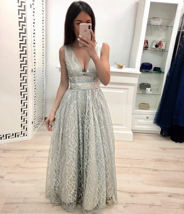 A Line V Neck Lace Prom Dresses, Cheap Long Evening Dress INK20