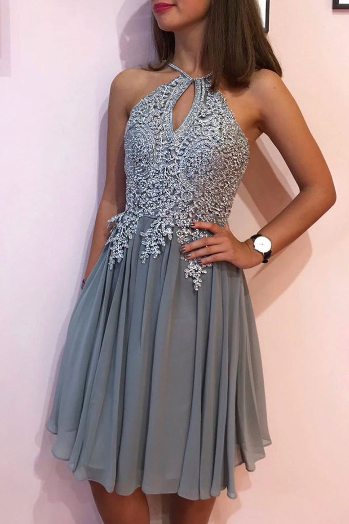 Gray Chiffon Lace Short Prom Dress Lace Appliques Homecoming Dress INP38