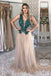 A Line Tulle V Neck Long Prom Dresses With Green Appliques INP96