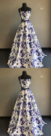 Cheap Long Two Piece A Line Floral Printed Straps Prom Dress INB92
