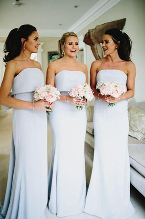 Simple Strapless Grey Satin Cheap Long Bridesmaid Dresses INI44