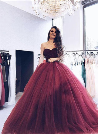 Princess Burgundy Strapless Ball Gown Long Evening Prom Dresses IN946