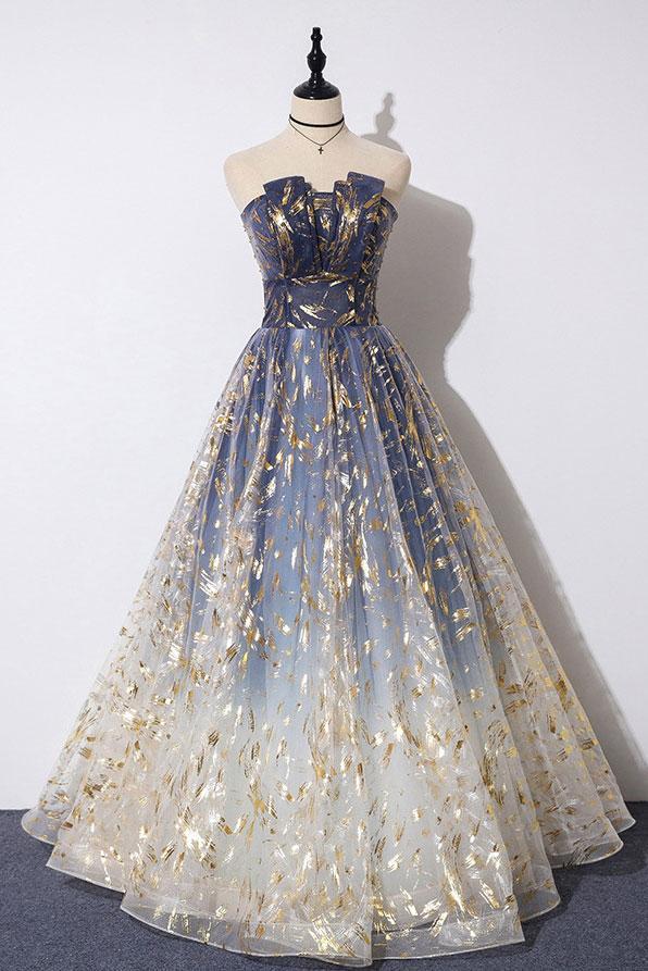 Unique A Line Strapless Ombre Long Prom Dresses Stunning Party Dresses INS59