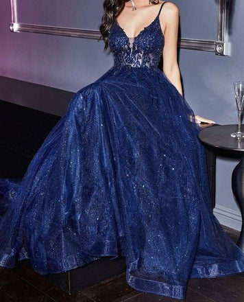 A-line Navy Blue Appliques Spaghetti Straps Long Prom Dresses Shinny Praty Gown IN1954