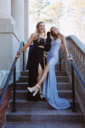 Backless Glitter Mermaid V Neck Blue Sequin Prom Dresses with Slit Long Evening Gown INDP3