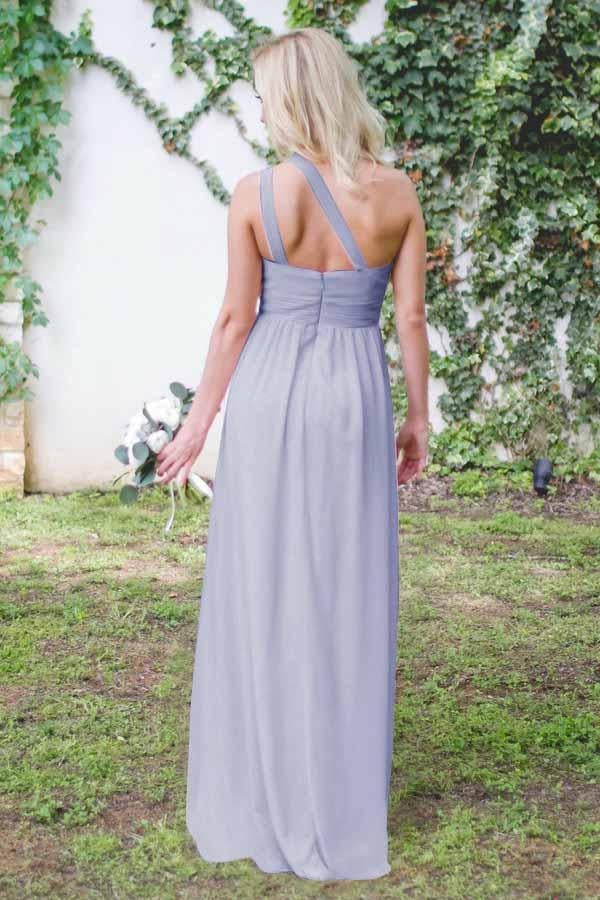 Fashion One-Shoulder A Line Floor-Length Open Back Lavender Chiffon Bridesmaid Dress IN928