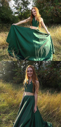 Green Two Pieces A Line Simple Long V Neck Prom Dresses IN966