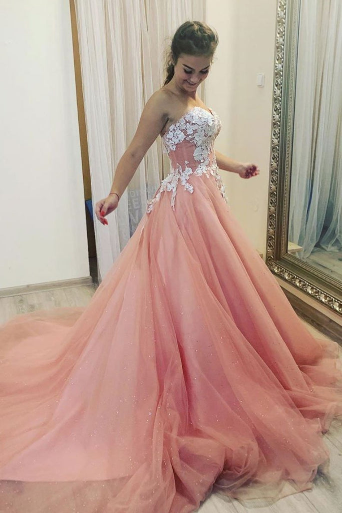 A Line Sweetheart Tulle Appliques Prom Dresses, Long Formal Dress INQ4