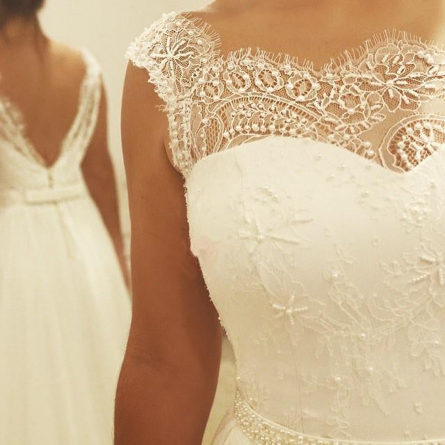 Simple Ivory A Line Backless Chiffon Long Wedding Dress With Lace Top IN527