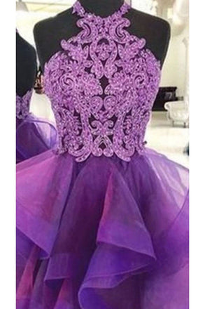 A Line Halter Purple Homecoming Dresses, Short Prom Dress With Lace INN87