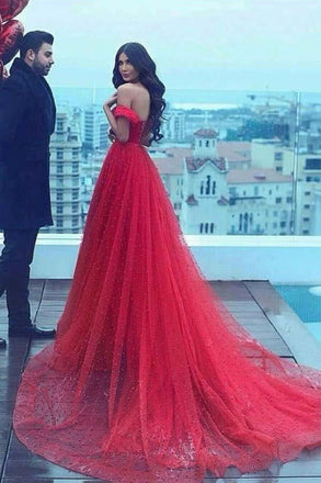 Charming A-Line Off-the-Shoulder Court Train Red Tulle Prom Dress IN915