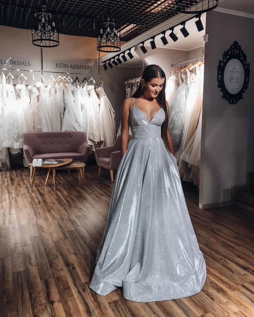 A-Line V-neck Spaghetti Straps Silver Sparkle Prom Dress with Pockets IN1964