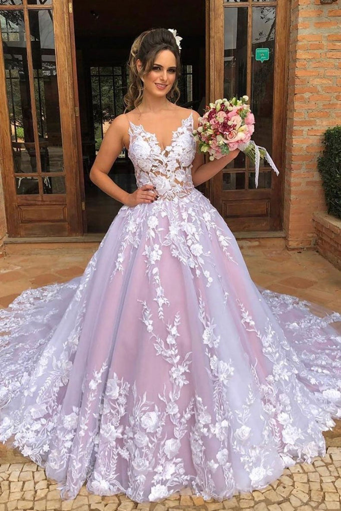 Ball Gown V Neck Lace Appliques Tulle Prom Dresses INP97