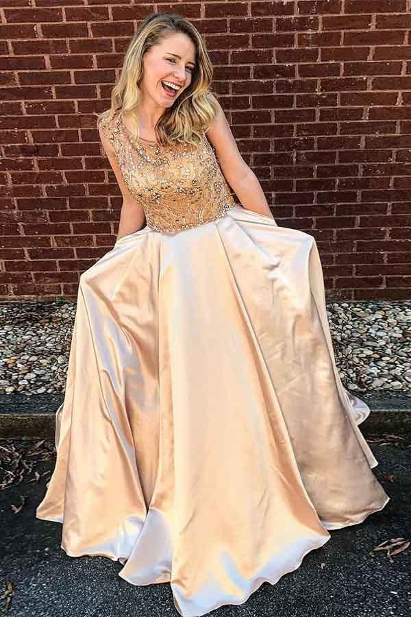 Stylish A-Line Scoop Floor-Length Satin Pocket Prom Dress with Beading IN913