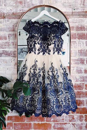 Navy Blue Lace Applique Short Cap Sleeves Homecoming Dresses INP59