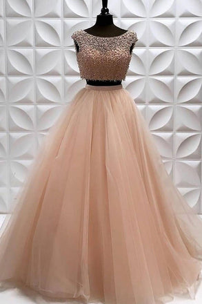 Two Pieces A Line Tulle Beading Long Sleeveless Prom Dress INP82
