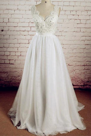 V-neck Ivory Lace Beading Long HanINade A-line Tulle Wedding Dresses W28
