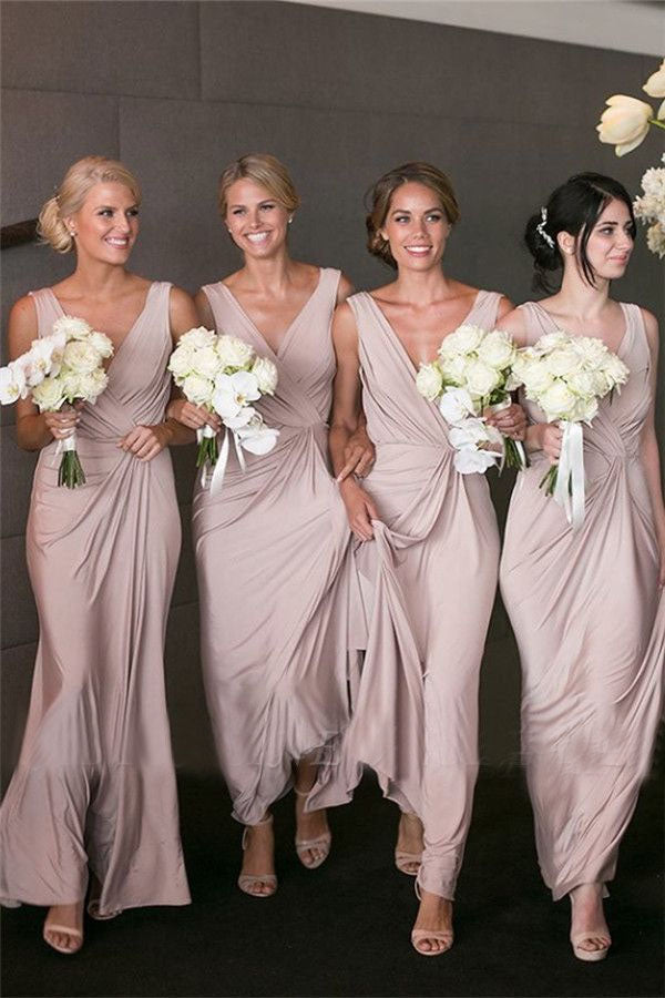 Elegant V-neck Sheath Pink Bridesmaid Dresses Long Party Dress for Maid of Honor IN1834