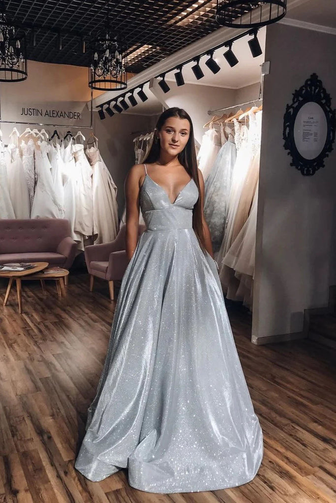 A-Line V-neck Spaghetti Straps Silver Sparkle Prom Dress with Pockets IN1964