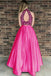 Two Piece High Neck Open Back Satin Hot Pink Prom Dress with Beading IN965