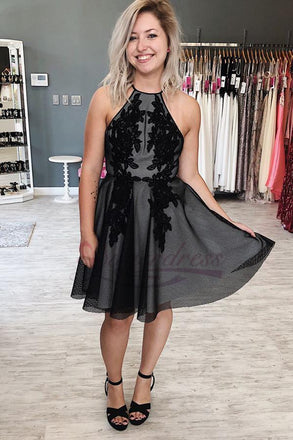 Halter Black Short Black Homecoming Dress with Appliques INO25