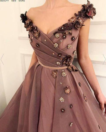 A Line V Neck Cap SleevesBrown Long Flowers Prom Dress With Pockets INR10