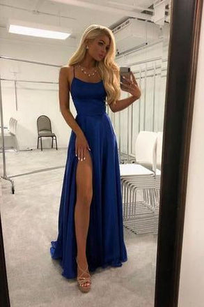 Royal Blue Spaghetti Strap A Line Prom Dress Sexy Long Split Party Dresses INJ90