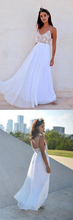 White Chiffon Long Beach Wedding Dresses,Simple Prom Dresses INC33