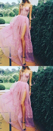 Sexy Pink Sweetheart Side Split Lace Appliques Pretty Long Prom Party Dress ING13