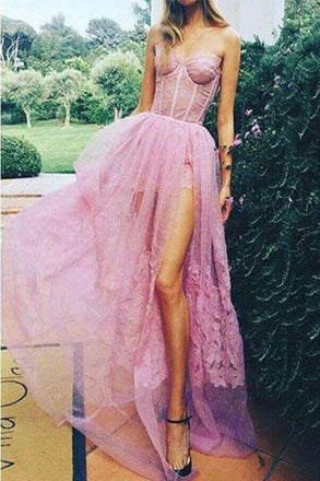 Sexy Pink Sweetheart Side Split Lace Appliques Pretty Long Prom Party Dress ING13
