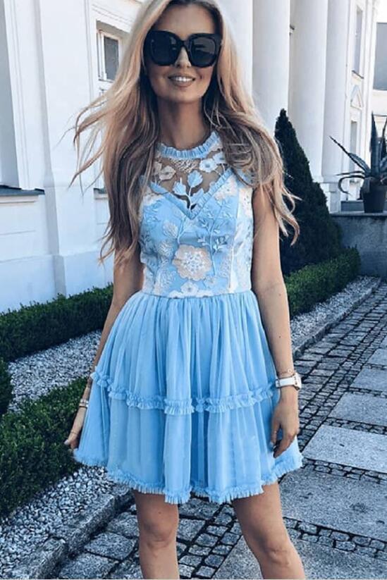 Elegant Jewel Short Cheap Light Blue Tulle Homecoming Party Dresses with Lace INO50
