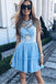 Elegant Jewel Short Cheap Light Blue Tulle Homecoming Party Dresses with Lace INO50