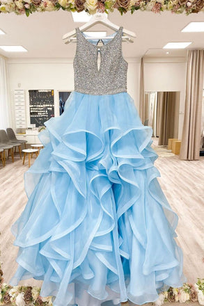 Sky Blue Round Neck Tulle Long Prom Dresses A Line Formal Evening Dresses INS60