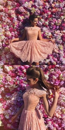 Princess A Line Open Back Cap Sleeves Prom Dresses,Pink Short Lace Homecoming Dresses IN320