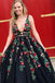 A-Line Deep V-Neck Black Lace Sleeveless Prom Dress with Floral Appliques INI89