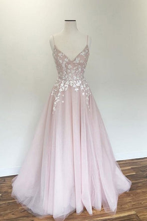 Light Pink V Neck Tulle Long Spaghetti Straps Appliques Prom Dress INB57