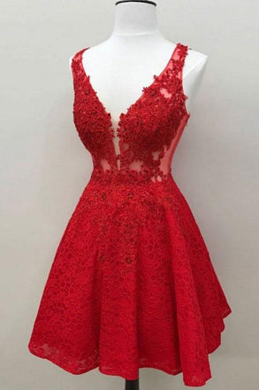 Custom Red Lace V Neck A Line Short Homecoming Dresses INO61