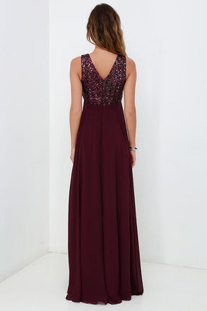 Burgundy Bridesmaid Dresses WIth Sequin Top, A-line Long Chiffon Wedding Party Dress INO80
