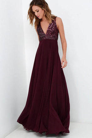 Burgundy Bridesmaid Dresses WIth Sequin Top, A-line Long Chiffon Wedding Party Dress INO80