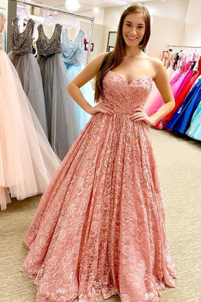 Pink Lace Long A Line Sweetheart Prom Dresses INK82