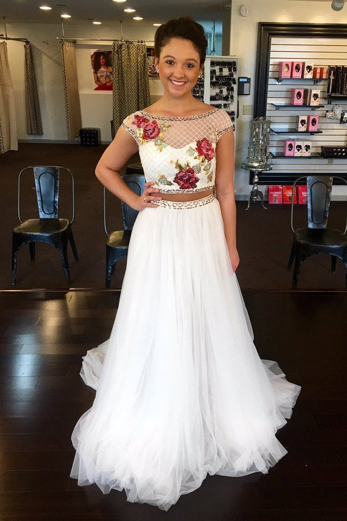 Gorgeous Two Piece Off White Cap Sleeves Long Prom Dress with Floral INK94
