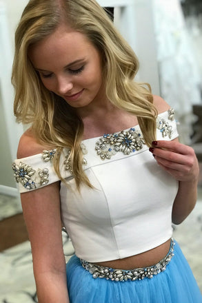 Two Piece Off the Shoulder Pink Blue Long Lace Beading Prom Dress with Side Slit IN968