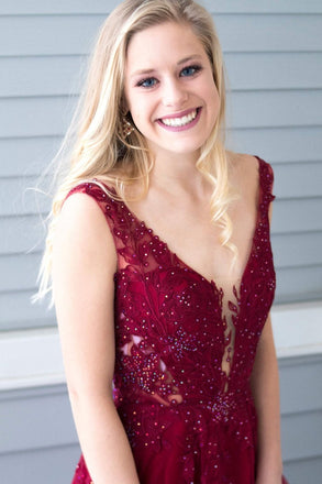 Princess Beading A Line V Neck Red Chiffon Long Prom Dress with Side Slit IN967