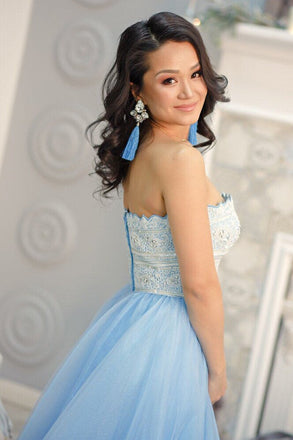Princess Strapless Sky Blue Long Tulle A Line Prom Dress with White Lace IN950