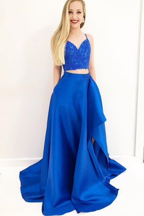 Gorgeous Two Piece Royal Blue Long Prom Dress with Pockets Side Slit INK93
