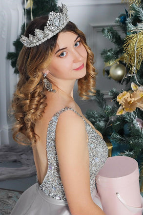 Sparkly Beading Silver A Line V Neck Backless Long Prom Dress IN959