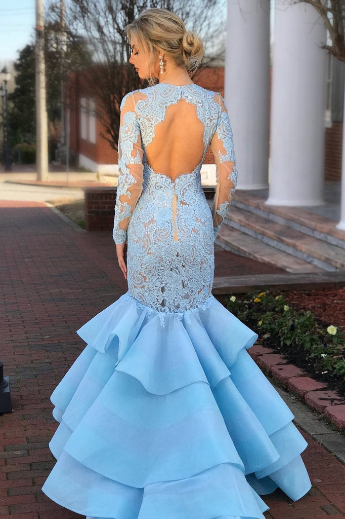 Elegant Long Sleeves Mermaid Blue Lace Layered Prom Dress with Open Back INA36