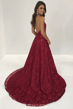 Sexy Halter Burgundy Lace Front Slit V Neck Long Prom Dress INA12